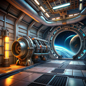 spaceship engine room. Try to be realistic. Open space in the background. With a lot of machines and dirty