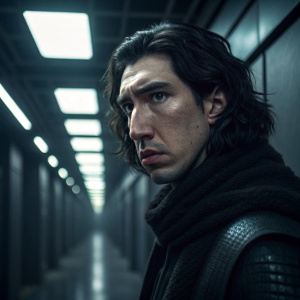 Close-up shot of Adam Driver as Kylo Ren, intense look, dark hair. Set in a futuristic, dimly lit industrial corridor with series of lights. From Star Wars: The Last Jedi.