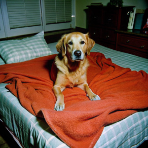 Cobija térmica doblada sobre la cama y un perro parado a un lado sobre con la cabeza sobre la cobija. 