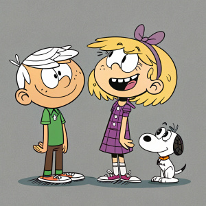Comic book style illustration featuring The Loud House characters. Lincoln Loud in green shirt, Lori Loud in purple dress, Clyde the dog. Gray background