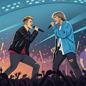 Justin Bieber and Jon Bon Jovi in a high-energy digital concert battle. Crowd cheers. Colorful animated background.