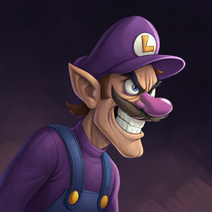 Digital illustration of Waluigi. Menacing face, wide grin, purple hat, dark background. Vibrant colors.