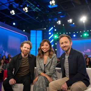 Seth Green, Brenda Song, and Giovanni Ribisi appearing on talk show. Guests on daytime talk show. Studio audience and bright stage lights.