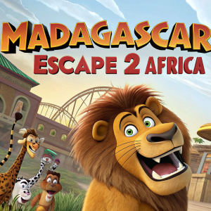 Promotional poster for the animated film 'Madagascar: Escape 2 Africa'. Madagascar's cast of characters are seen in a lively scene, with Alex the Lion in the foreground. Vibrant colors and cartoonish style.