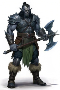 male half-orc with double axe, full height, no background, fantasy style, DnD
