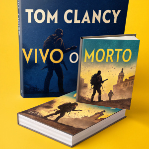 Two book covers for 'Vivo o Morto' by Tom Clancy. Set against a bright yellow background. Covers feature bold graphics and deep shades of blue and gold.