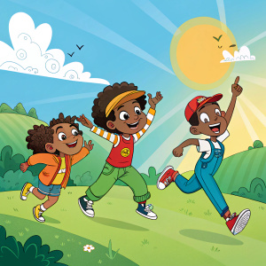 Digital illustration of Tuskegee Heirs cartoon characters, featuring dynamic poses against a vivid, sunlit backdrop.