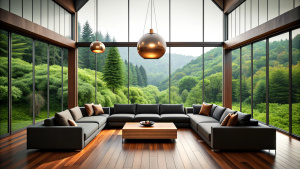 A modern living room with high ceilings and picture windows offering a panoramic view of the lush greenery outside. The interior features a dark, minimalist color scheme, with a large, plush sofa in the center, a flat-screen TV mounted against the glass wall, and stylish wooden flooring. Hanging from the ceiling is a series of copper-colored spherical pendant lights, adding a warm glow to the space. The atmosphere is cozy and luxurious, perfect for relaxing or receiving guests. In the center of 