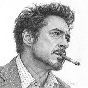 Realistic pencil sketch of Robert Downey Jr. in grayscale, smoking a cigar. Focus on facial features with expressive pencil lines.
