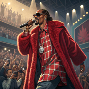 Snoop Dogg on stage at Grammy Awards. Wearing plaid shirt, red fur jacket, and sunglasses. Crowd cheers in the background.