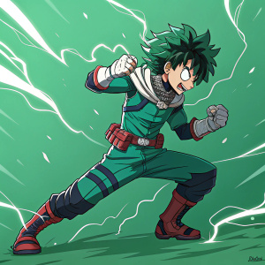 Deku, from My Hero Academia, in a striking combat pose. Green background with vibrant, dynamic lighting effects. Brazilian art style tribute.