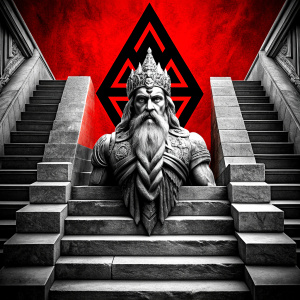 god odin in walhalla stairs runen symbols pattern - perfect realistic art, high-definition, high-definition grey and black, white background 