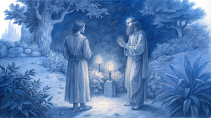 Nicodemus in the garden with Jesus talking at night by candlelight