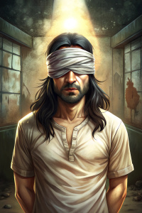 Long hair Bangladeshi man with black hair blindfolded looking up and wearing white t-shirt, dark dirty room, Mouth Stitched Hands 