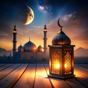 moon  ramadan lantern on table arabic ramadan nights with mosque behind
