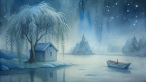 old two-story hut, weeping willow tree, boat, winter, night