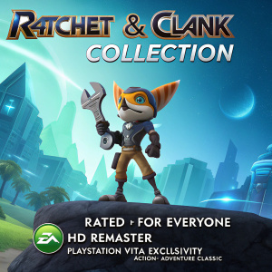 Digital art for Ratchet & Clank Collection on PS Vita. Ratchet, the central character, stands in the foreground with his iconic wrench. The background showcases a vibrant, futuristic cityscape with blue and green tones. Below the title, 'Rated E for Everyone', 'HD Remaster', 'PlayStation Vita Exclusivity', and 'Action-Adventure Classic' details are featured.