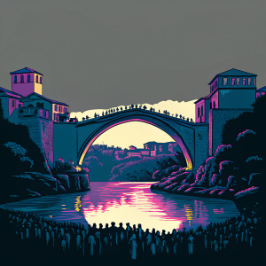 Stari Most bridge at sunset in vibrant Mostar, Bosnia and Herzegovina. Crowded and lively atmosphere.