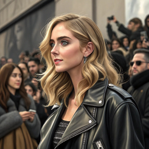 Chiara Ferragni at New York Fashion Week, close-up candid. Blonde hair in loose waves. Black leather jacket. Subtle makeup. Crowd in various styles blurred in background.