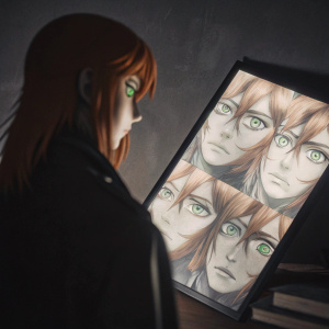 Voltron character in anime style, with multiple faces. Long orange hair and green eyes. White background.