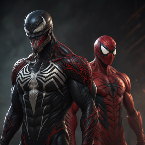 3D render of Venom and his ally, Carnage, both menacing. Venom, left, black suit with web patterns, menacing red mouth. Carnage, muscular with red and black symbiote suit. Dark background.