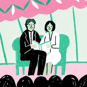 Amitabh Bachchan and Yasmin K.Rafi, author of 'Mohammed Rafi My Abba', attending a book launch event. They are seated on stage, amidst a vibrant audience and colorful banners.