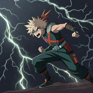 Katsuki Bakugou, illustration. Dark background, lightning effects, intense pose