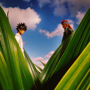In a vividly animated scene, two characters from the Bleach series stand out. Ichigo Kurosaki with his iconic spiky black hair and Renji Abarai with a more composed look. Vibrant color palette. Action-packed backdrop