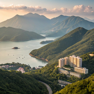 In Sai Kung, Hebe Haven nestled between towering mountains and tranquil waters, surrounded by architectural marvels.