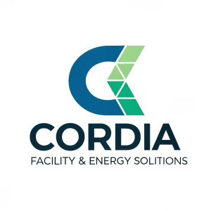 Illustration of Cordia Facility & Energy Solutions logo. Modern design with abstract green and blue shapes forming the 'C' initial. Bold serif font for company name, 'CORDIA', alongside in smaller sans-serif font 'FACILITY & ENERGY SOLUTIONS'. Clean white background.