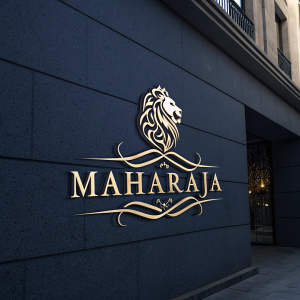 Maharaja logo design. A sleek metallic lion emblem paired with elegant Arabic script in traditional calligraphy. Set against a deep, shadowed background.