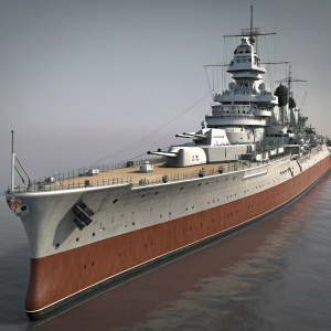 Digital 3D rendering of Bismarck-class battleship, a massive naval vessel. The ship's hull is painted in shades of gray and brown with white and black details. It boasts multiple decks, turrets, and military structures, symbolizing naval combat prowess.