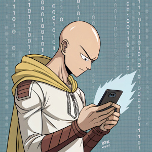 Cartoony illustration of Saitama from One Punch Man, in a digital art style. Character looks at his phone. Background has layers of code and binary numbers.
