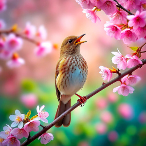 a bird sits on a cherry blossom branch and sings.
