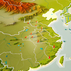 Interactive 3D map of China showcasing major cities, landscapes, and infrastructure.