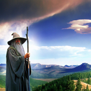A vibrant digital illustration featuring Gandalf from The Lord of the Rings. He wields his iconic staff and sports a long white beard. Set against a dynamic backdrop of Middle-earth landscapes.