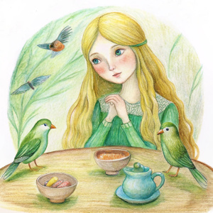 ormanda ayılar kuşlar uzun yemek masasında oturmuş ve uzun sarı saçlı yeşil elbiseli mutlu kız