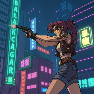 A vibrant pixel art illustration. Revy from Black Lagoon brandishing a gun. Against a backdrop of neon-lit cityscape.