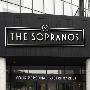 The Sopranos brand new logo featuring 'Your Personal Gastromarket' written in sleek, minimalist font at the bottom, atop the bold 'The Sopranos' header. Design is modern, with a black and white color scheme.