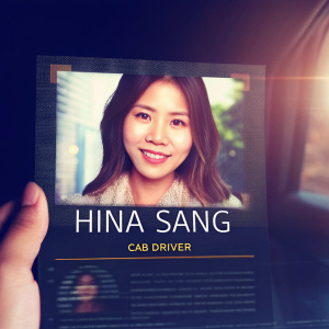 Professional profile page of Hina Sang, South Korean female cab driver. Includes headshot, name, occupation, age, motivations, skills, clean and organized layout, easy-to-read text.
