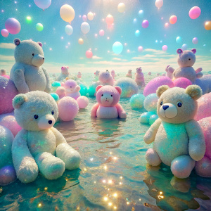 light soft pastel  glitter lots of realistic giant plush toys floating on the sea glam shine  Effects ultra intense crystal effect  glitter  PRISM Effect    Photoshop Photo Manipulations  Holographic liquid Patent Spandex Vinyl   Dreamscape     very much glitter sparkly fantasized glam Sprinkle Shimmering Bioluminescent fairytale masterpiece  Magical   Shimmering   Ultra iridescence UV Glow Rainbow