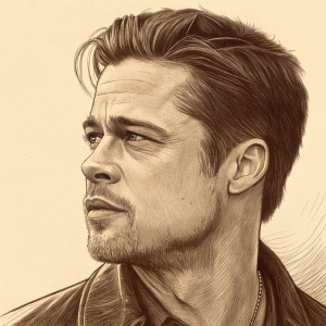 A detailed charcoal sketch of Brad Pitt. Emphasizing strong jawline and cheekbones. Warm sepia tone adding vintage charm. Focused on face contours and light-shadow contrast.