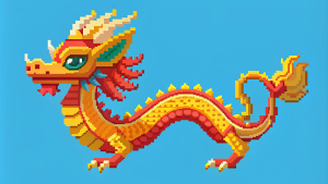 A vibrant 16-bit pixel art side view platformer Chinese dragon character sprite with a long tail wearing golden armor in a flying pose.