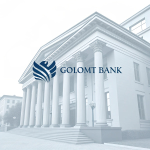 Golomt Bank's logo is a sleek, modern design with a stylized emblem. The emblem features a muted blue color palette and clean lines, representing the bank's identity.