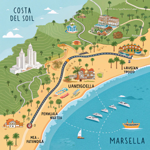 Interactive map of Costa del Sol, highlighting major cities like Malaga, Fuengirola, and Marbella. Vibrant colors for coastal and inland roads, detailing picturesque beaches and vibrant urban areas.