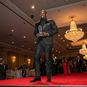 Von Miller, football star, dressed in formal suit. Accepting award at sports gala.