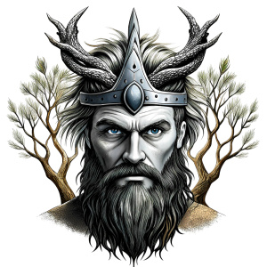 Wikinger mit zwei Gesichtern baum yggdrasil – and weapons high-definition design grey and black, realistic tattoo design, white background