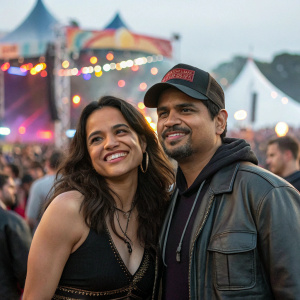 Michelle Rodriguez and Michael Peña, posing at an outdoor music festival. Crowds gathered around them.