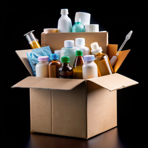 CAJA DE ACARTON ABIERTA QUE EN EL INTERIOR TENGA materiales de curacion Y ENVASES DE MEDICAMENTOS, FONDO DE LA IMAGEN NEGRO