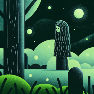 Long-haired cartoon character, wavy hair, outdoors, surreal dreamlike scene, detailed sketch-like illustration, black and white hand-drawn style